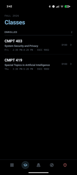 Classes screen listing enrolled courses