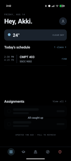 SFU Companion home screen with weather, today's schedule and assignments
