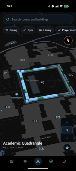 Campus map showing the Academic Quadrangle with a floor selector