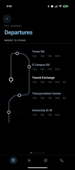 Transit departures showing which stop each route leaves from